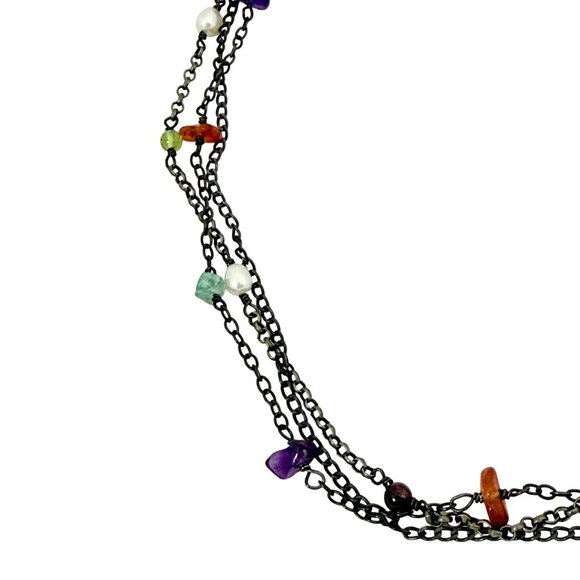 Vintage Silpada Three Strand Oxidized Sterling Necklace w/Pearls and Gemstones - Picture 4 of 5